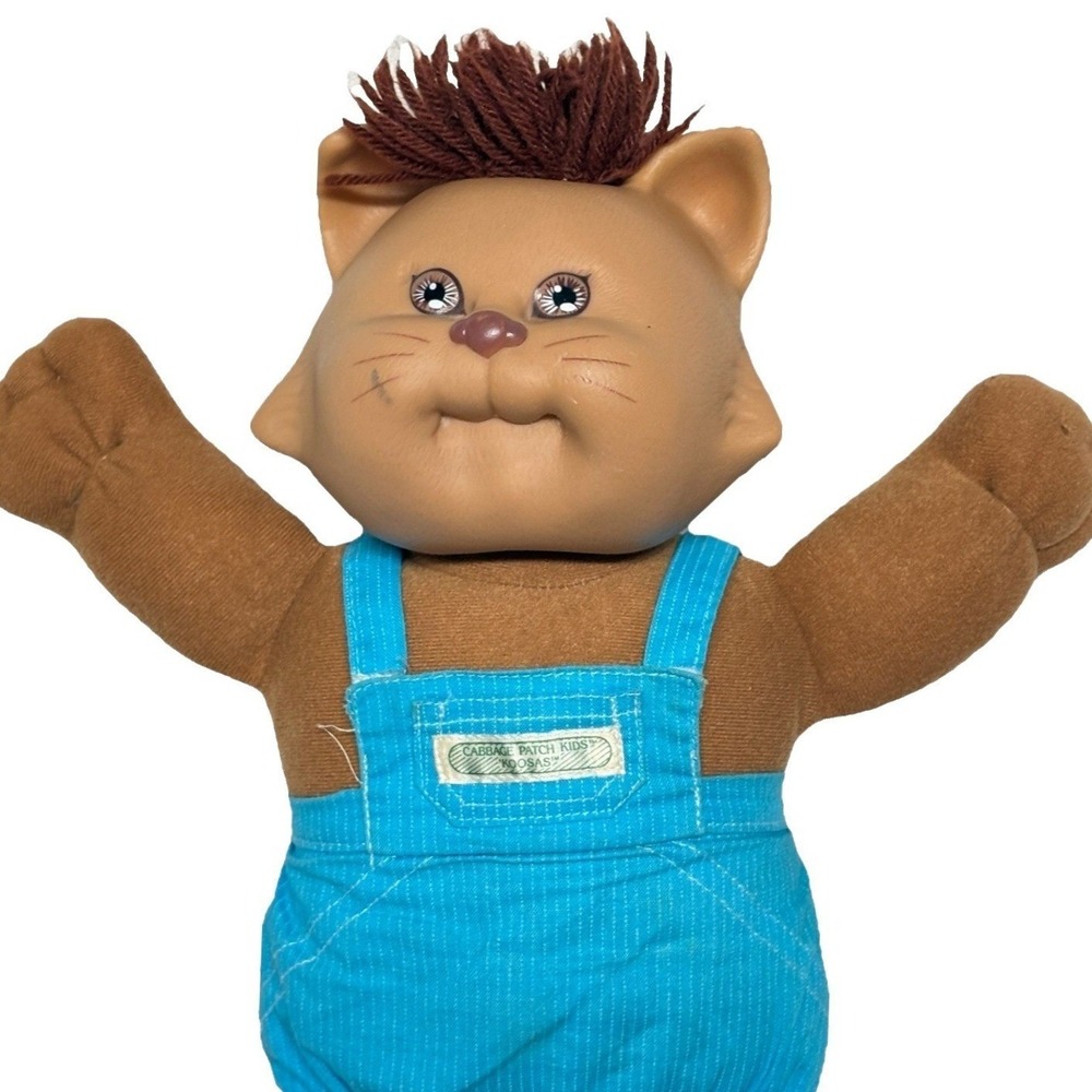 Vintage 1984 Cabbage Patch Kids Koosas Cat Plush Coleco Brown Blue Overalls 12in